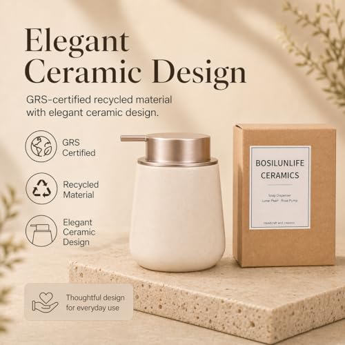 BosilunLife Ceramic Soap Dispenser - Dish Soap Dispenser for Bathroom 12Oz | Refillable Liquid Hand Wash Dispenser for Essential Oil, Lotion Soap, Apricot with Speckle - color: Apricot