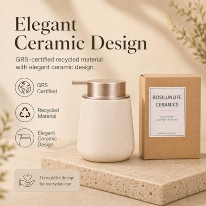 BosilunLife Ceramic Soap Dispenser - Dish Soap Dispenser for Bathroom 12Oz | Refillable Liquid Hand Wash Dispenser for Essential Oil, Lotion Soap, Apricot with Speckle - color: Apricot