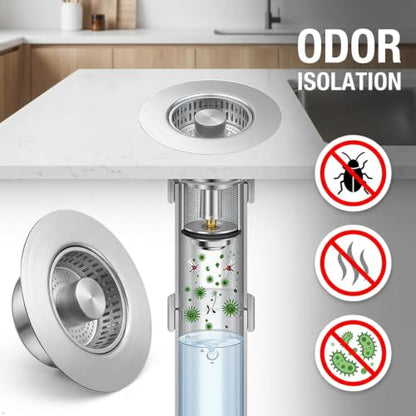 Kitchen Sink Drain Strainer and Stopper Combo, 304 Stainless Steel, 4.25 Inch, Detachable Basket, 2 Pack