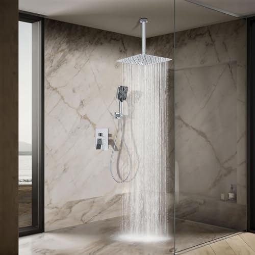 Shower System Modern Rain 8 inches Brass Faucet Set With Valve and Diverter Shower Mixer With Handheld High Pressure Square Rainfall Shower Valve (12'' Ceiling Mount, Chrome Polished) - color: Chrome Polished, style: 12'' Ceiling Mount