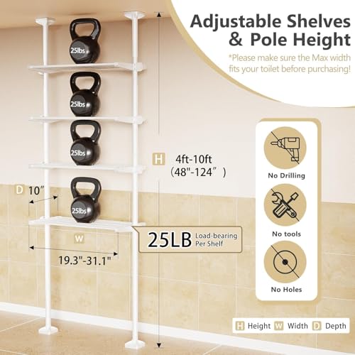 Bonpally Over The Toilet Storage Shelf, 4-Tier Adjustable Bathroom Organizer, No Drill Tension Mounted Shelves Metal, Space-Saving Bathroom Cabinet Rack Above Toilet for Small Bathroom Rooms, White - color: White