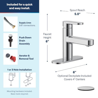 Moen Laris Chrome One-Handle Single Hole Modern Bathroom Sink Faucet with Optional Deckplate and Spring Loaded Drain Assembly, 84014 - color: Chrome