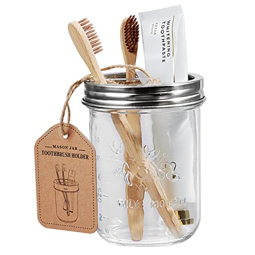 Amolliar Mason Jar Bathroom Accessories Set(4 Pack) - Lotion Soap Dispenser&Qtip Holder Set&Toothbrush Holder-Rustic Farmhouse Decor Apothecary Jar Bathroom Countertop,Vanity Organize (Brushed Nickel) | Brushed Nickel, Lotion Soap Dispenser, Qtip Holder,