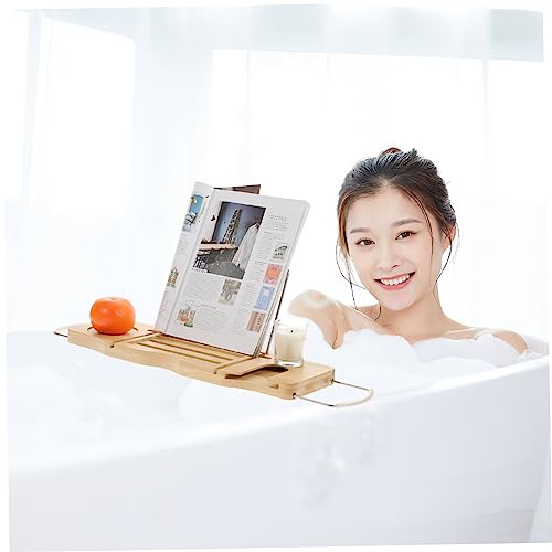Happyyami Bamboo Bathtub Shelf Expandable Tub Tray Bath Tray for Bathroom Organization