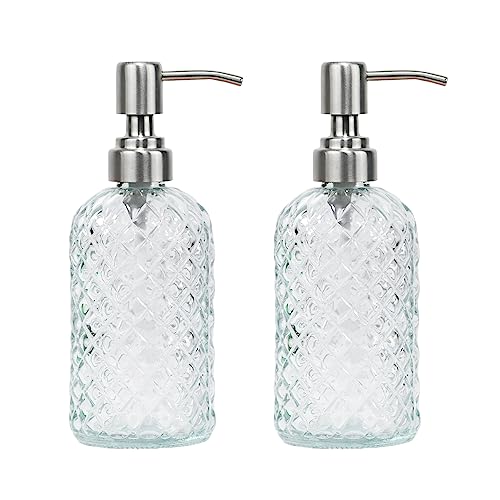 16 oz Diamond Pattern Glass Soap Dispenser, Kitchen and Bathroom Refillable Soap Dispenser with Rust Resistant Stainless Steel Pump for Hand Soap, Lotion Glass Liquid Dispenser(Clear-2pack) - color: Clear-2pack