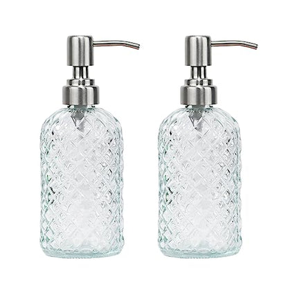 16 oz Diamond Pattern Glass Soap Dispenser, Kitchen and Bathroom Refillable Soap Dispenser with Rust Resistant Stainless Steel Pump for Hand Soap, Lotion Glass Liquid Dispenser(Clear-2pack) - color: Clear-2pack
