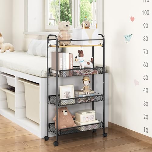 TOOLF 4-Tier Slim Rolling Cart, Metal Utility Cart, Slide Out Storage Cart with Wooden Tabletop and Mesh Baskets for Narrow Space on Kitchen Bathroom Laundry Room Bedroom Apartments Dormitory - size: Slim, style: Black