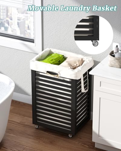 Laundry Basket with Wheels, Rolling Laundry Hamper, Bamboo Wood Laundry Cart with Removable Bag (Black—Beige Bag) - color: Black—Beige Bag