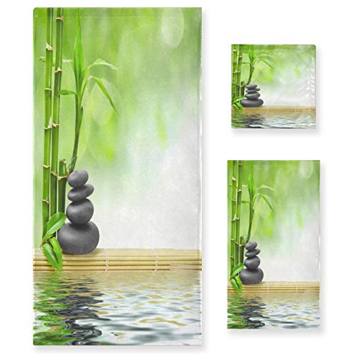 ALAZA Towel Bathroom Sets, Zen Stone with Bamboo Leaves Towels 3-Piece 1 Bath Towel 1 Washcloth 1 Hand Towel, Bath Towel Set of 3 Soft Multifuntion for Home - color: Multi12