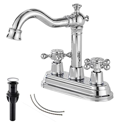 Chrome Bathroom Faucet GGStudy 2 Handles 4 Inches Centerset Bathroom Vanity with Drain Assembly and Supply Hose Lavatory Faucet Mixer Double Handle Tap - color: Polished Chrome, style: Metal Cover