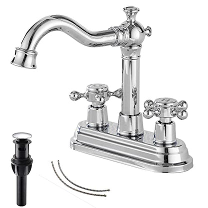 Chrome Bathroom Faucet GGStudy 2 Handles 4 Inches Centerset Bathroom Vanity with Drain Assembly and Supply Hose Lavatory Faucet Mixer Double Handle Tap - color: Polished Chrome, style: Metal Cover