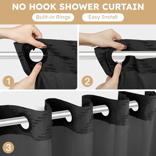 FADOTY Black No Hook Shower Curtain Set with Snap in Liner, 71'' x 74'' | Bathroom Hotel Fabric Curtain, Waterproof Washable Liner, See Through Top Window, Ringless Chevron Tufted Cloth Curtain - color: Black, size: 71"W x 74"L (Pack of 1)