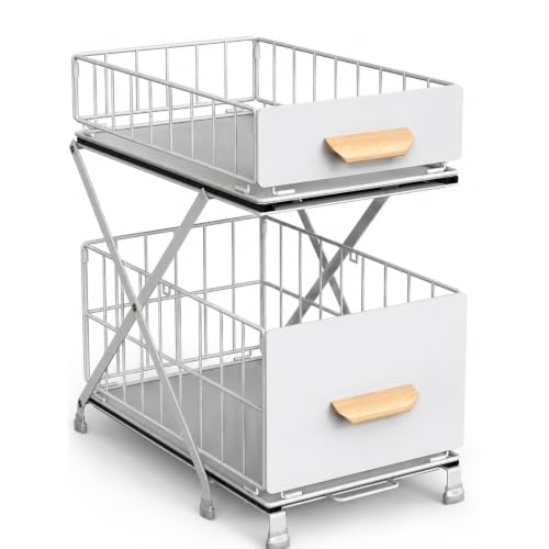 Under Sink Organizer, Adjustable Height (12.6"-15.4") Under Cabinet Storage, 2 Tier Pull Out Sliding Drawers, Foldable Under Sink Storage Rack, for Bathroom & Kitchen, White, 1 Pack