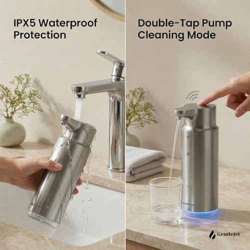 GentleJet CrystalJet Automatic Liquid Soap Dispenser Touchless Sensor, Stainless Steel, USB-C Rechargeable, Waterproof Kitchen & Bathroom Countertop Soap Dispenser, 300 ml - color: Silver