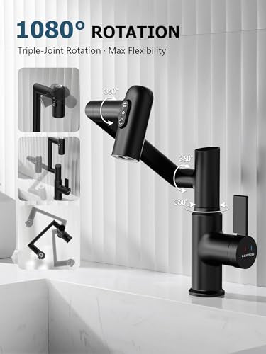 Rotatable Bathroom Faucet with Temperature Display in Fahrenheit (Batteries-Free), 3 Water Outlet Modes, Matte Black, BF2204-3 - color: Matt Black