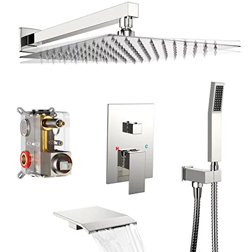 Chrome Shower System Rain Faucet Set with Tub Spout, 10 inch | All-Metal Wall Mounted Bathroom Shower Faucet Set with Safe Pressure Balance Valve, Water Saving High Pressure Rainfall Head - color: Polished Chrome, style: 10in with Tub spout