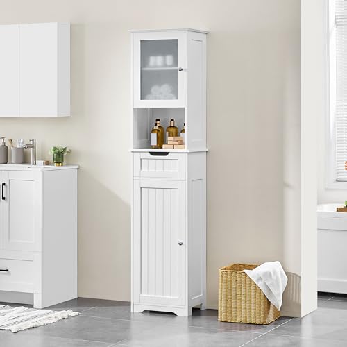 Yaheetech Tall Slim Bathroom Storage Cabinet with Frosted Glass Door, White | Narrow Floor Cabinet for Tight Spots, Reversible Doors, Adjustable Shelves and Drawer for Towel and Linen Storage, MDF Build - style: 2 Doors + 1 Drawer