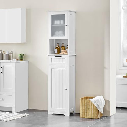 Yaheetech Tall Slim Bathroom Storage Cabinet with Frosted Glass Door, White | Narrow Floor Cabinet for Tight Spots, Reversible Doors, Adjustable Shelves and Drawer for Towel and Linen Storage, MDF Build - style: 2 Doors + 1 Drawer