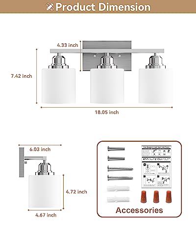 Bathroom Light Fixtures Over Mirror, 3-Light Vanity Lights Brushed Nickel, Modern Bathroom Vanity Light, Glass Shade & Anti-Rust Nickel Finished, Bathroom Light for Small Space - color: Brushed Nickel-3 Light