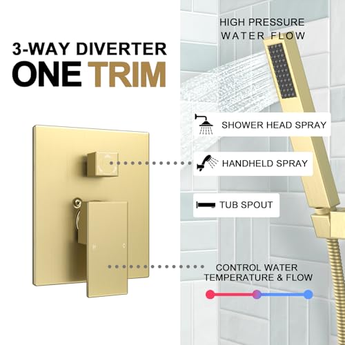 Lava Odoro Modern 3-Setting Square Shower and Tub Faucet Set with Shower Head and Handheld Sprayer Gold, Rainfall Shower System with Tub Spout, Shower Valve Trim Kit, Brushed Gold, SF103-SG-T - color: Brushed Gold, style: With Tub Spout