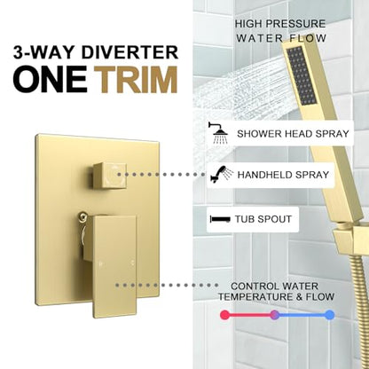 Lava Odoro Modern 3-Setting Square Shower and Tub Faucet Set with Shower Head and Handheld Sprayer Gold, Rainfall Shower System with Tub Spout, Shower Valve Trim Kit, Brushed Gold, SF103-SG-T - color: Brushed Gold, style: With Tub Spout