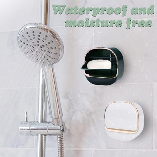 ASTIMESA 2 Packs Waterproof Wall-Mounted Soap Dishes Box, Adhesive Plastic Soap Holder with Drain Lid Tray for Bar Bathroom Shower Keep Dry Flip Self Draining White & Dark Blue - color: White & Dark Blue