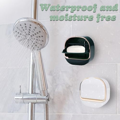 ASTIMESA 2 Packs Waterproof Wall-Mounted Soap Dishes Box, Adhesive Plastic Soap Holder with Drain Lid Tray for Bar Bathroom Shower Keep Dry Flip Self Draining White & Dark Blue - color: White & Dark Blue