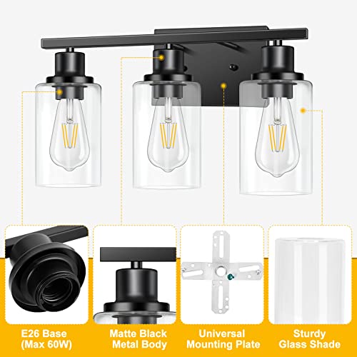 3-Light Vanity Light, Matte Black Bathroom Lighting Fixtures Over Mirror, Modern Metal Wall Lights for Hallway Kitchen Bedroom Living Room | Wall Sconce Light Fixture with Clear Glass Shade Matte Black Modern Metal Wall Lights for Hallway Kitchen Bedroom