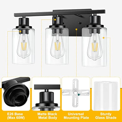 3-Light Vanity Light, Matte Black Bathroom Lighting Fixtures Over Mirror, Modern Metal Wall Lights for Hallway Kitchen Bedroom Living Room | Wall Sconce Light Fixture with Clear Glass Shade Matte Black Modern Metal Wall Lights for Hallway Kitchen Bedroom