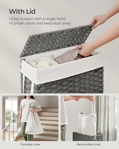 SONGMICS Slim Laundry Hamper with Lid, 14.5 Gallon (55L) Rattan Clothes Laundry Basket with Lid and Handles, Foldable, Removable Liner, Dove Gray ULCB164G01 - color: Dove Gray, size: 55 L
