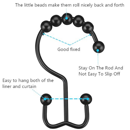DAWNER Shower Curtain Hooks Rings, Rust Proof Hooks, Metal Easy Glide Double Shower Rings Hooks, Stainless Steel Shower Curtain Hangers for Bathroom Shower Curtains, Set of 12 Hooks, Matte Black - color: Matte Black