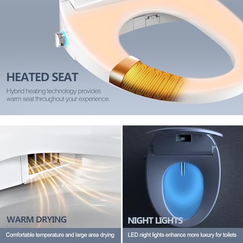 WLJBIDET Electric Heated Bidet Toilet Seat with Remote Control, Adjustable Warm Water & Pressure, Air Drying, Self-Cleaning Nozzle, Oscillating Cleaning, Display Screen, Slow Closed Lid - Round
