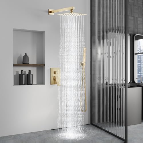 Aolemi Shower Faucet Set with Handheld Brushed Gold 8 Inch Head | Pressure Balance Shower Valve and Trim Kit,SUS304 Rain Head and Handle System,All Metal,Wall Mount,Bathroom,Handheld Spray - color: Gold, size: 8 Inch Wall Mount Shower Head