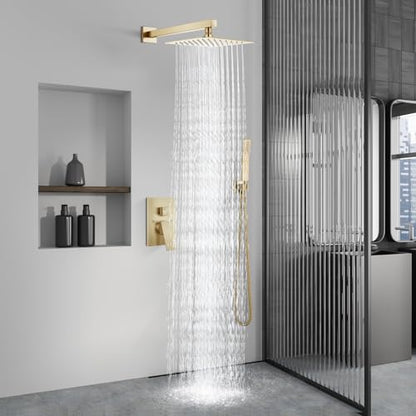 Aolemi Shower Faucet Set with Handheld Brushed Gold 8 Inch Head | Pressure Balance Shower Valve and Trim Kit,SUS304 Rain Head and Handle System,All Metal,Wall Mount,Bathroom,Handheld Spray - color: Gold, size: 8 Inch Wall Mount Shower Head
