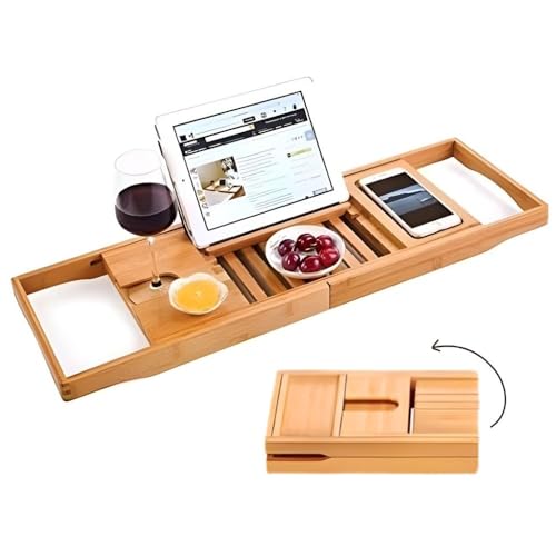 COLORANTIC | Bamboo Wood Bathtub Tray | Bathroom Caddy & Wine Holder | Cell Phone, iPad & Book Holder | Spa & Relaxation Gift for Women, Women & Parents | DIY Rustic Bath & Bathroom Organizer