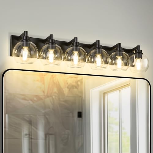6-Light Matte Black Bathroom Vanity Light, Clear Glass Globe Shade | 38" modern bathroom light fixtures over mirror, E26 base, bulbs not included, VL195-MB-6 - color: Black, Clear Glass, size: 6-light