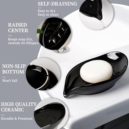 Soap Dish, Self Draining Soap Holder, Leaf Shape Ceramic Bar Soap Holder Drain Soap Dishes for Bathroom Sink Kitchen, Easy to Clean, Keeps Soap Dry, Black, ANTIS'S HOME - color: Black-1pcs-enhanced Draining