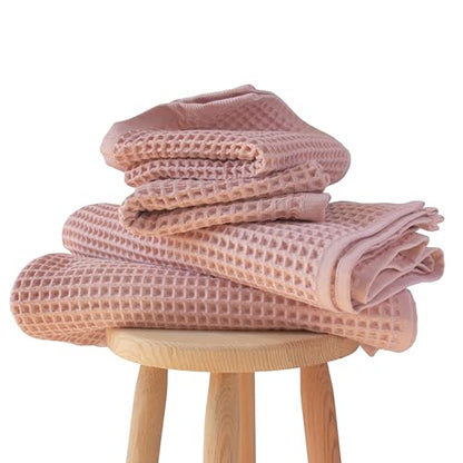 PÜSKÜL Natural 100% Turkish Cotton Waffle Towels Set of 4-Piece Pink Powder | 2-Bath sheet (Extra-large 32x63") and 2-Hand towel (Large 32x16"). Premium honeycomb-waffle weave, oeko-tex made in Turkiye. - color: Pink