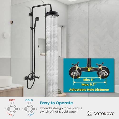 gotonovo Exposed Shower System Wall Mount,Oil Rubbed Bronze,Metal Handheld | 8” Rain Shower Head Faucet Set Fixtures,2 Function,Two Cross Handle,Height Adjustable,for 5-6.7" Hole,Indoor Victorian Retro - color: Bronze