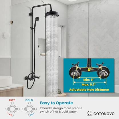 gotonovo Exposed Shower System Wall Mount,Oil Rubbed Bronze,Metal Handheld | 8” Rain Shower Head Faucet Set Fixtures,2 Function,Two Cross Handle,Height Adjustable,for 5-6.7" Hole,Indoor Victorian Retro - color: Bronze