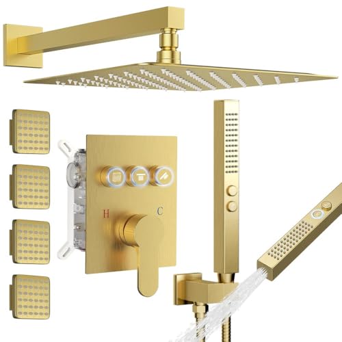 STARBATH Shower System with Body Jets,12" Rainfall Shower System with 2 in 1 Handheld and 4 Body Jets, Can Use All at Once, Push Button Complete Shower Jets System with Valve and Trim Kit,Brushed Gold - color: Gold, size: 12"-04