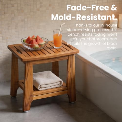 NNN 21" Standard Teak Shower Bench with Japan-Made Non-Slip Leveling Feet | US Patented Design, Marine-Grade Hardware, Pre-Oiled European Teak Oil, Ready, 300lb, for Showers Spa Sauna & Outdoor Pools - size: 21"W x 13" Dx 18"H