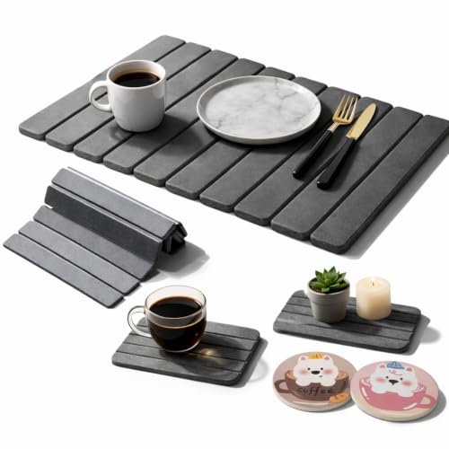 Large Stone Dish Drying Mat for Kitchen Counter, Foldable Quick Dry Stone Dish Mat, Diatomaceous Earth Water Absorbing Pad for Plate Utensils Rack Bottles, Any Countertop (Dark Gray 24"×16" & 2*8"x4") - color: Dark Gray
