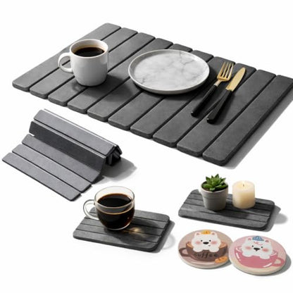 Large Stone Dish Drying Mat for Kitchen Counter, Foldable Quick Dry Stone Dish Mat, Diatomaceous Earth Water Absorbing Pad for Plate Utensils Rack Bottles, Any Countertop (Dark Gray 24"×16" & 2*8"x4") - color: Dark Gray