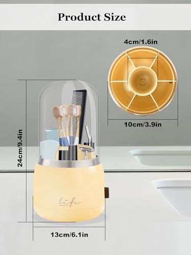 Covered Toothbrush Holder, 360° 7-Slot Rotating Draining Water, Beige | Toothbrush Bathrooms Organizer with Cover for Kids Electric Tooth Brush, Toothpaste, Razors, Cosmetic Brushes - color: Beige