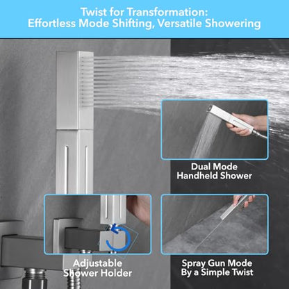 VANFOXLE Rain Shower System Brushed Nickel Shower Faucet Set, High Pressure | Push Button Diverter,16 Inch Ceiling Mount Rain Head Increased Thick, 6 Inch Side Head, 2-in-1 Handheld Sprayer - color: Brushed Nickel, style: 10"+6" Head