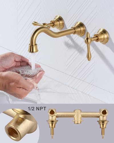 Gold Bathroom Faucet Wall Mount: WOWOW Antique Bathroom Sink Faucet 2 Handle Lavatory Faucet 3 Hole Tap and Rough-in Valve Included - color: Brushed Gold