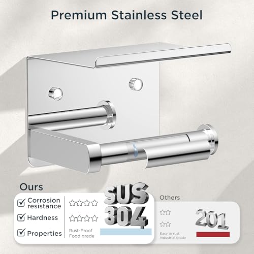 FORIOUS Toilet Paper Holder with Shelf, Adhesive or Screw, Chrome | Wall Mount Toilet Paper Roll Holder for Bathroom, Stainless Steel Commercial Toilet Tissue Roll Dispenser with Phone Shelf - color: Chrome