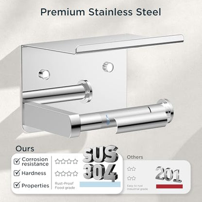 FORIOUS Toilet Paper Holder with Shelf, Adhesive or Screw, Chrome | Wall Mount Toilet Paper Roll Holder for Bathroom, Stainless Steel Commercial Toilet Tissue Roll Dispenser with Phone Shelf - color: Chrome