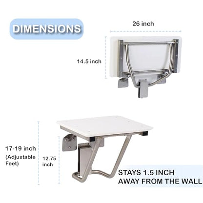 Folding Shower Chair for Elderly and Disabled | ADA Folding Shower Seat Wall Mounted Holds up to 400 lbs | High Density Polymer Shower Chair for Inside Shower 304 Stainless Steel | 26" x16” - size: 26